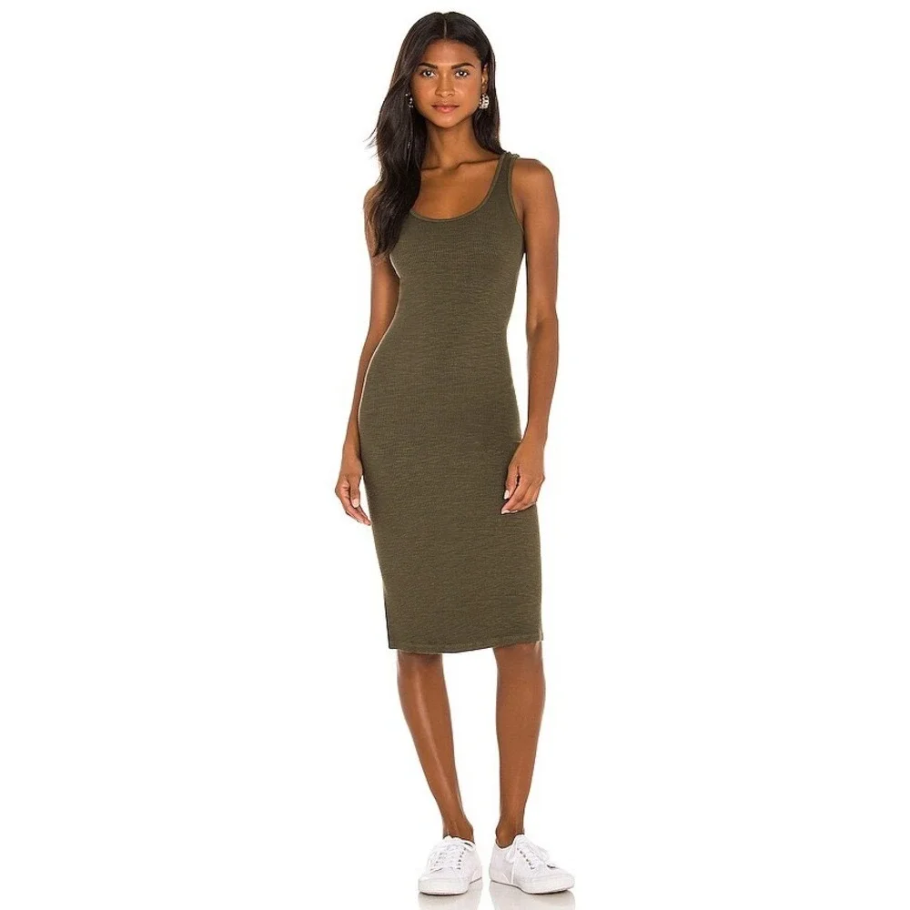 NWT Monrow Womens Ribbed Tank Dress Olive Green‎ Slub Jersey Midi Scoop Neck NEW